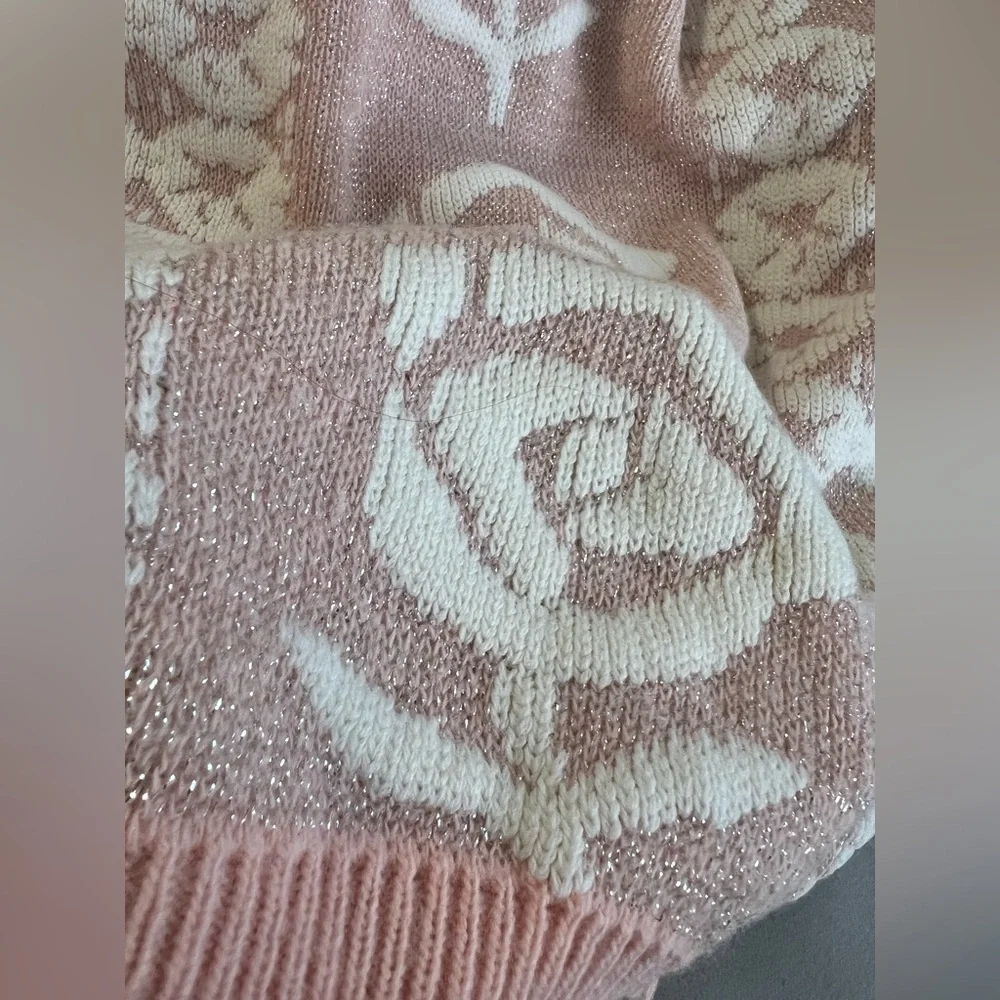 Vintage 90s Private Eyes Sweater Roses Sz 6 Y2K Made USA‎ Pink Silver Coquette